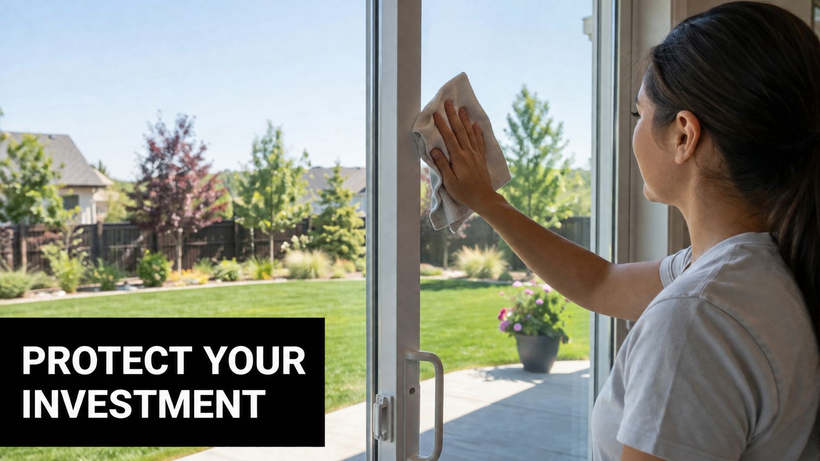 A woman cleaning a glass sliding door from the inside with a white cloth while overlooking a backyard.