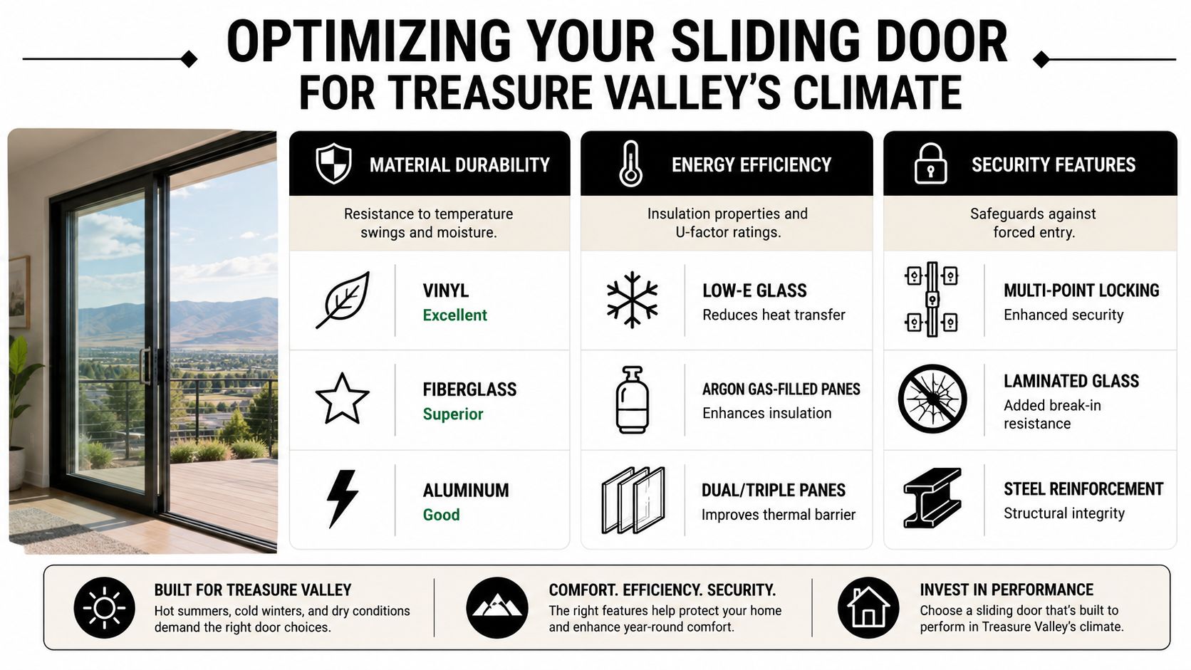 An infographic showing tips for choosing sliding doors for Treasure Valley's climate, covering materials, efficiency, and security.