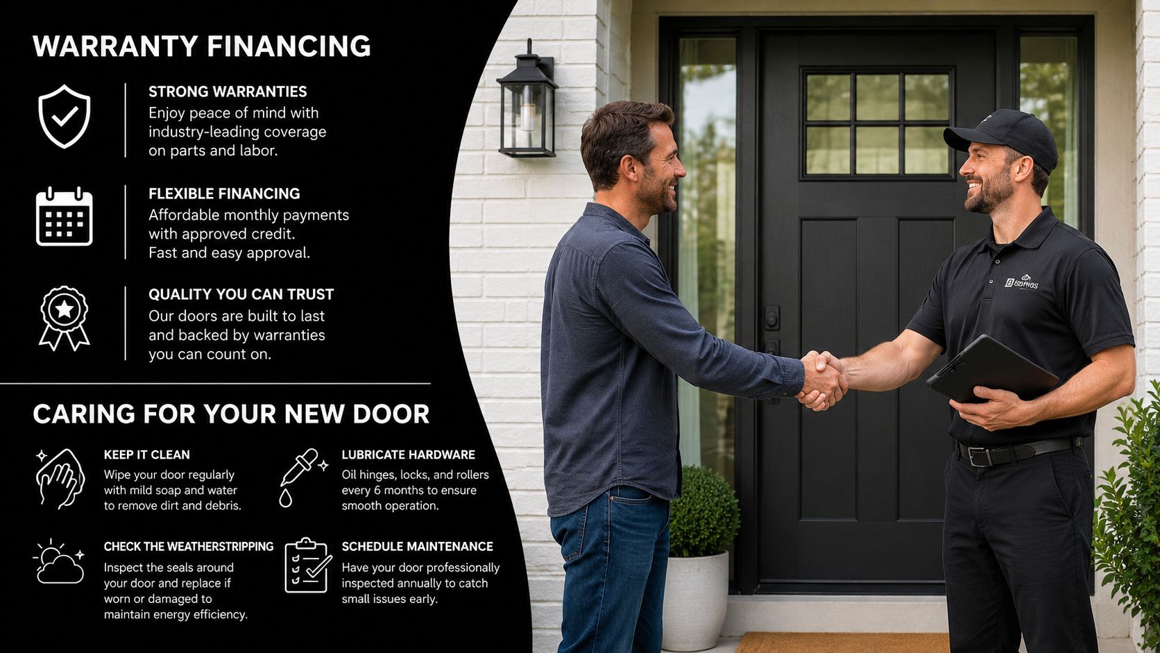 A professional service technician shakes hands with a homeowner in front of a new, high-quality black door.