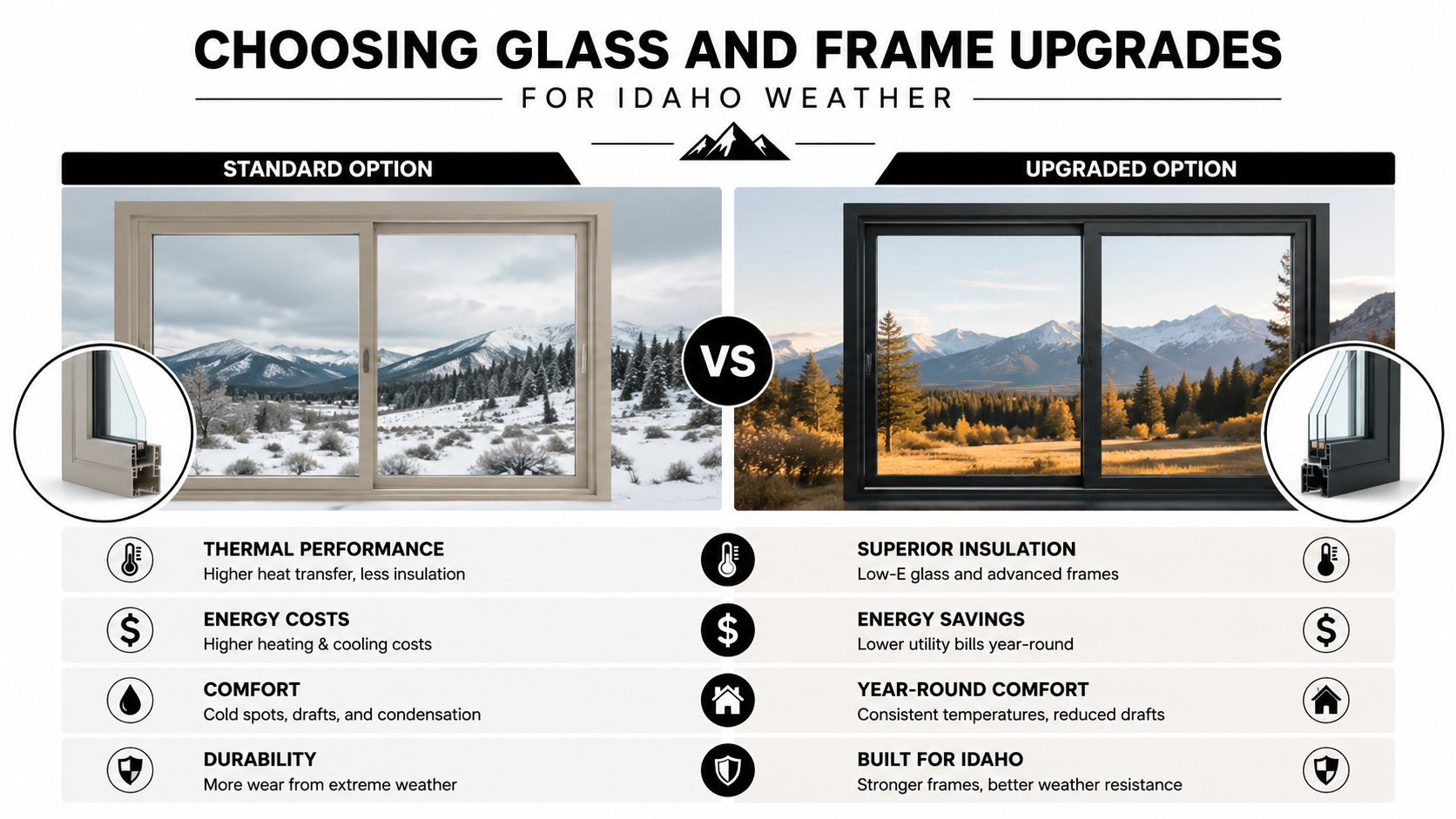 A comparison between standard and upgraded sliding glass doors for homes in Idaho's challenging weather conditions.