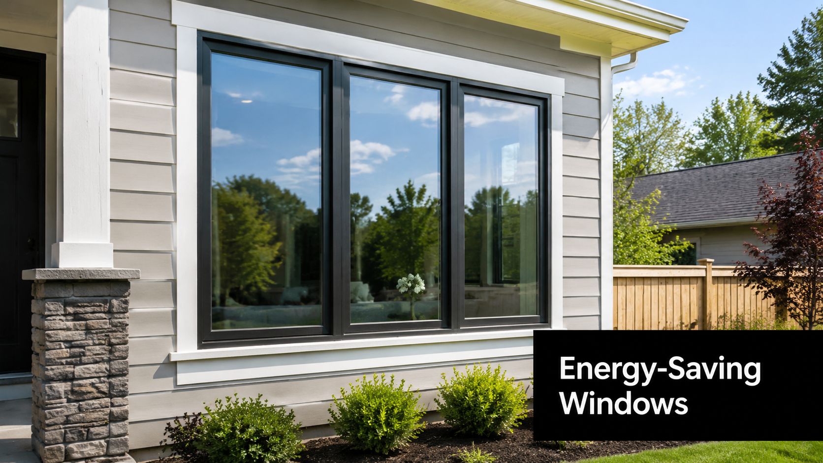 A modern suburban home exterior featuring three large energy-saving windows with black frames and light siding.