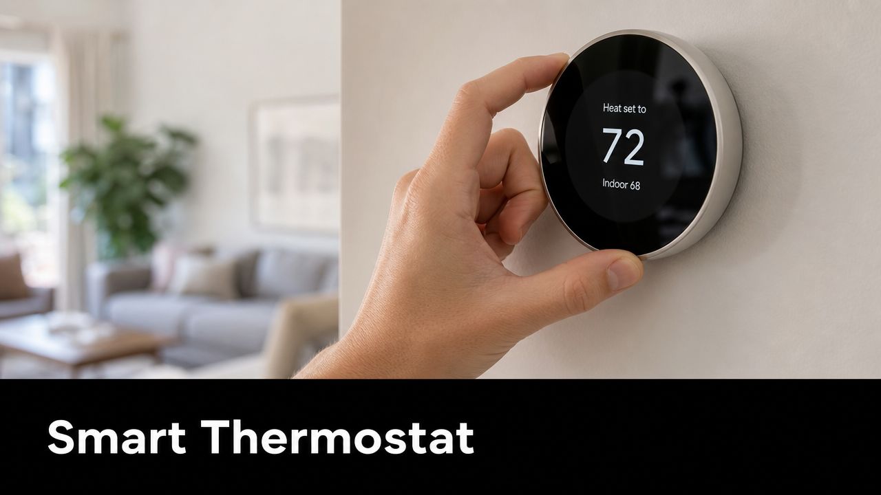 A person adjusting the temperature on a sleek, round smart thermostat mounted on a neutral interior wall.