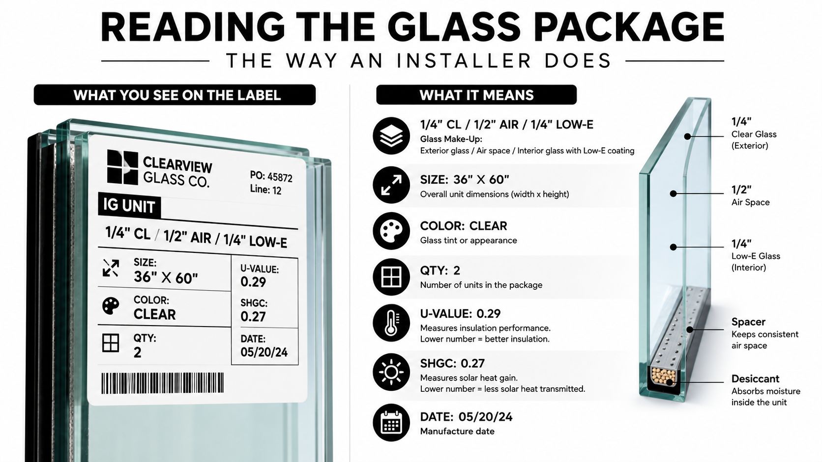 A technical infographic illustrating how to interpret an insulated glass unit label from Clearview Glass Company.
