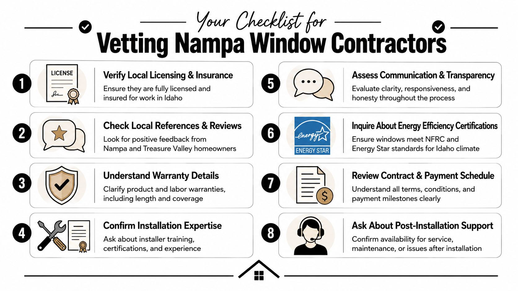 A helpful checklist for vetting professional window contractors in Nampa, Idaho, featuring eight key evaluation steps.