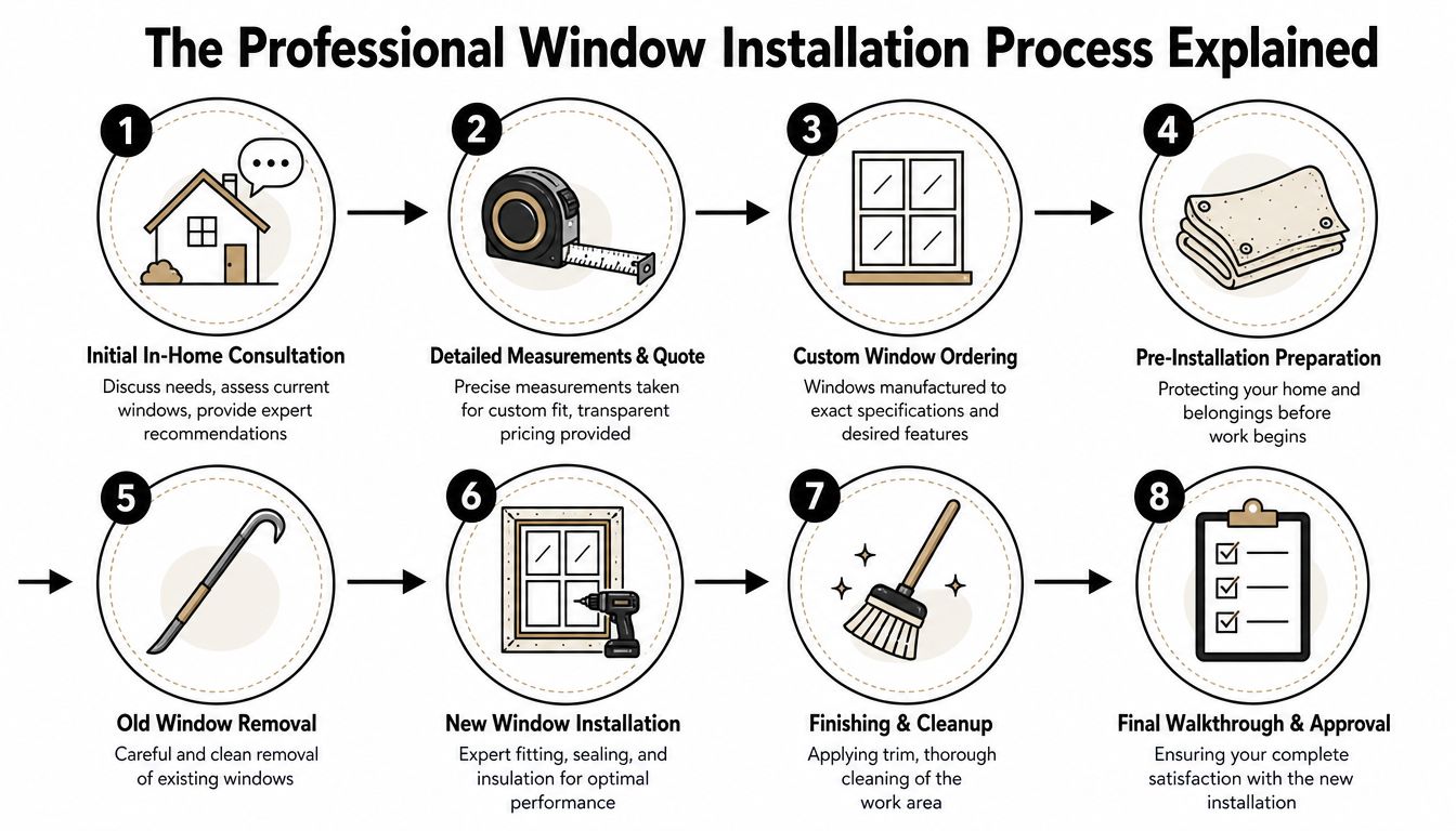 An infographic detailing the eight steps of a professional window installation process from consultation to approval.