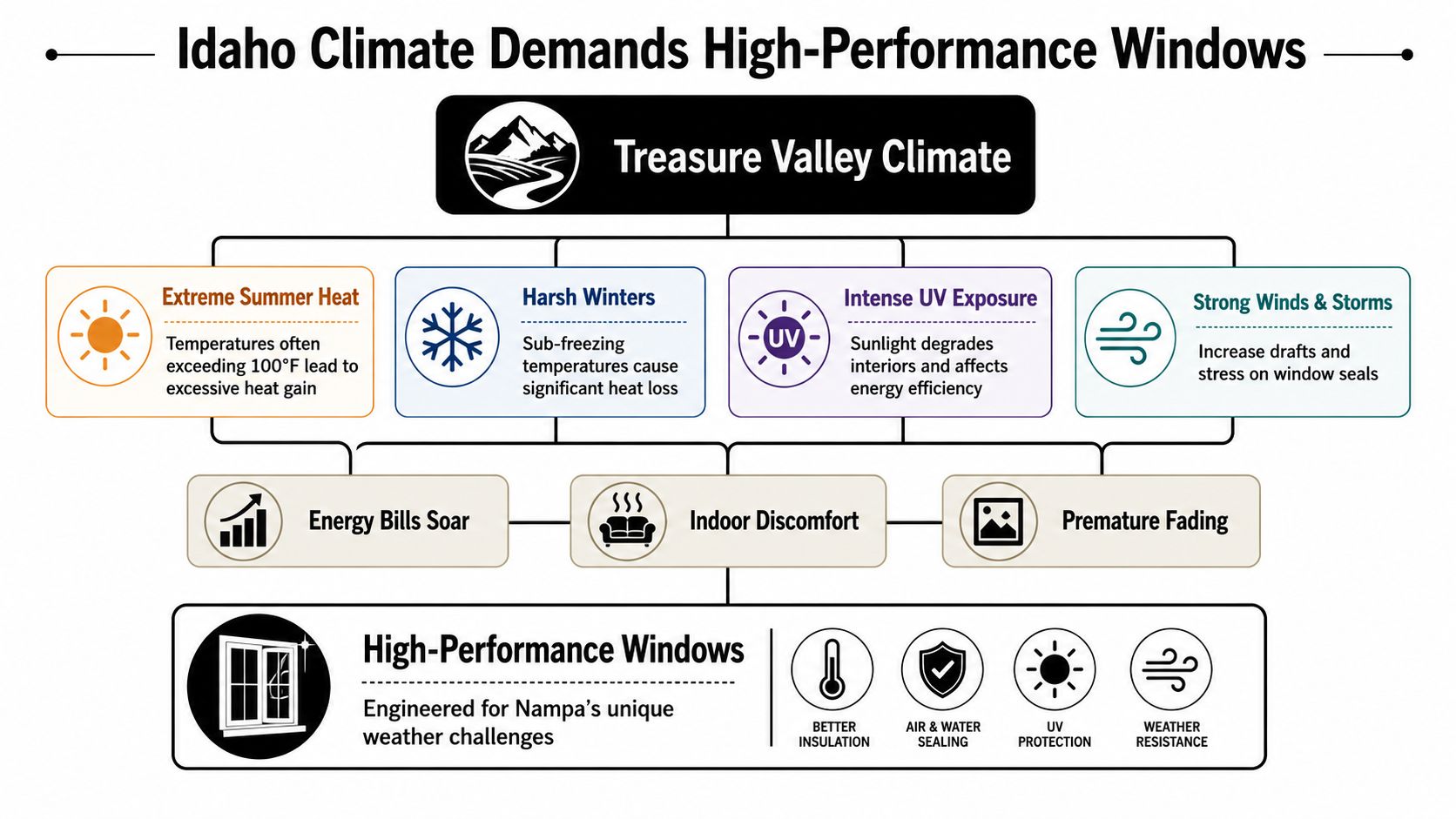 An infographic detailing why Idaho's extreme climate requires high-performance windows to maintain comfort and energy efficiency.
