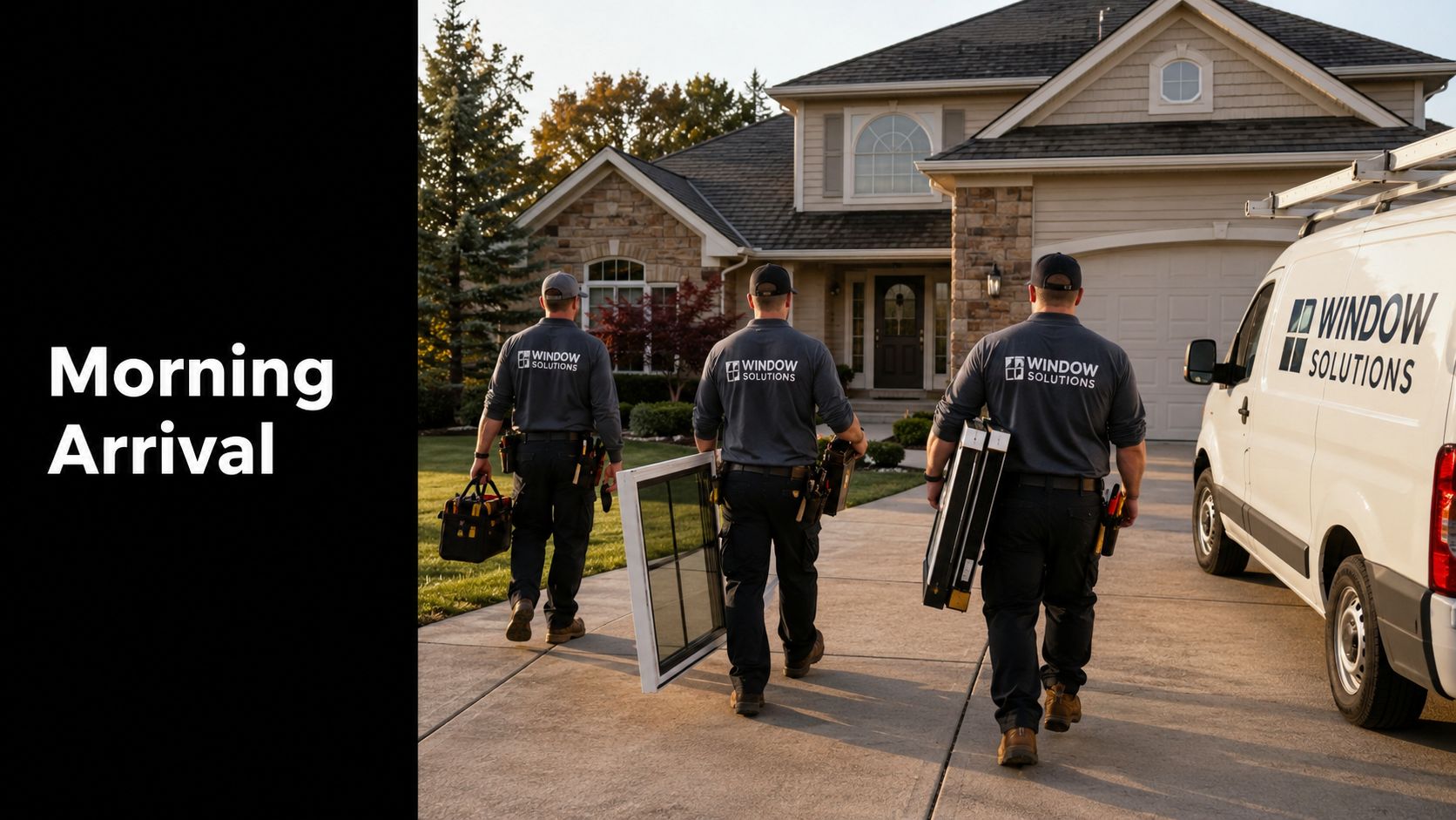 Three window installation professionals walking toward a suburban home carrying equipment and new window frames.
