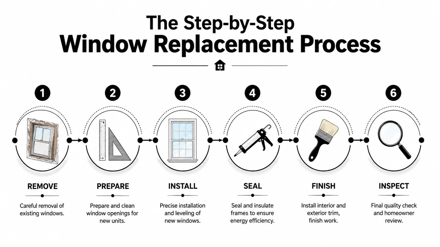 A six-step infographic illustrating the window replacement process from removal to final inspection for residential homes.