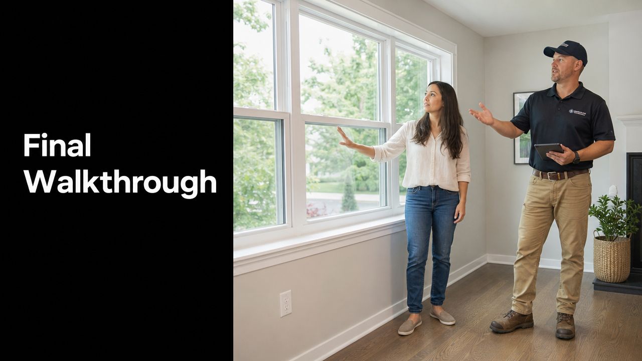A professional window installer reviewing the final project with a happy homeowner inside their living room.