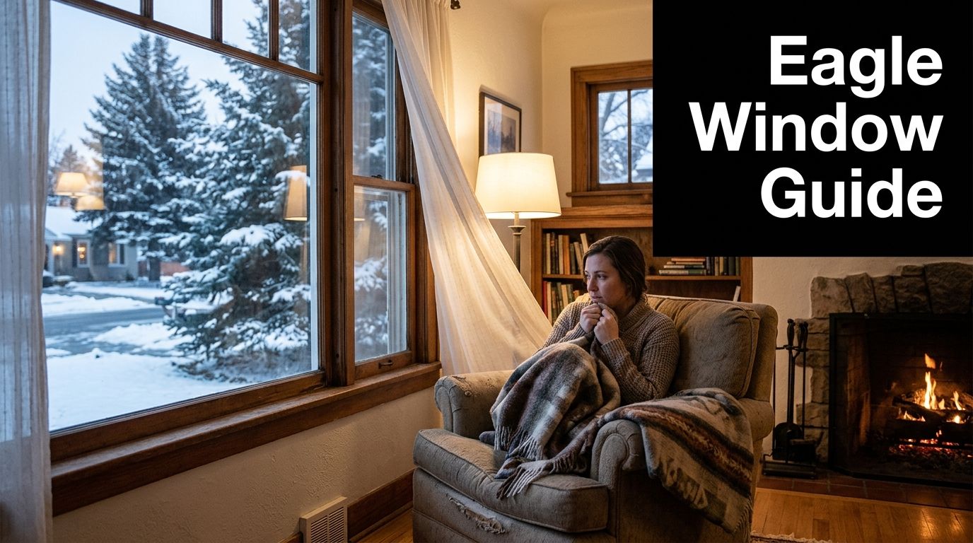 A woman wrapped in a blanket sits in a cozy armchair near a window overlooking snowy trees.