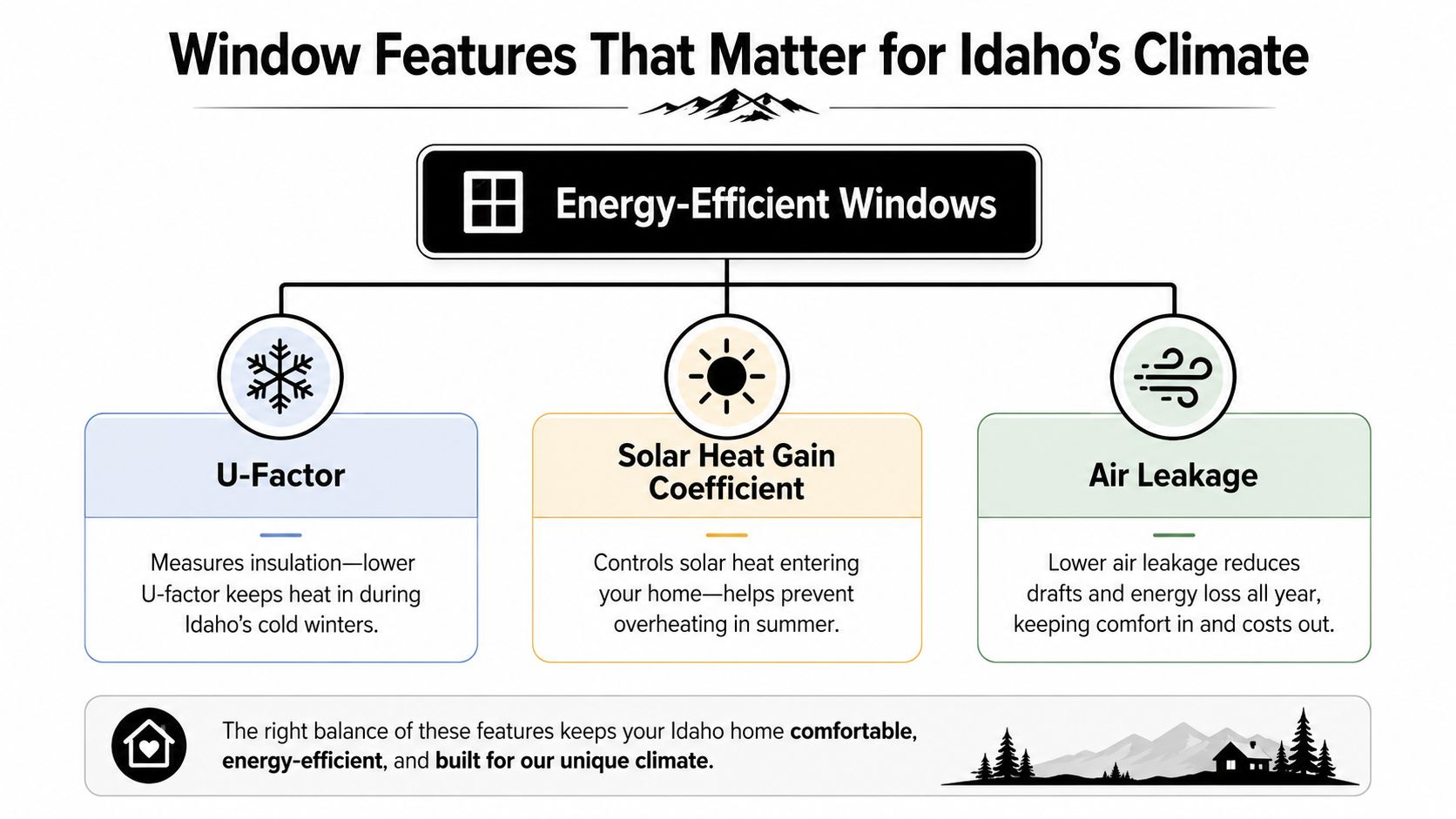 An infographic showing three essential window features, U-Factor, Solar Heat Gain Coefficient, and Air Leakage, for Idaho energy efficiency.