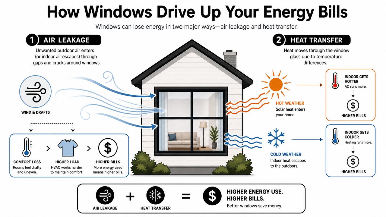 An infographic showing how air leakage and heat transfer through windows increase residential energy bills.