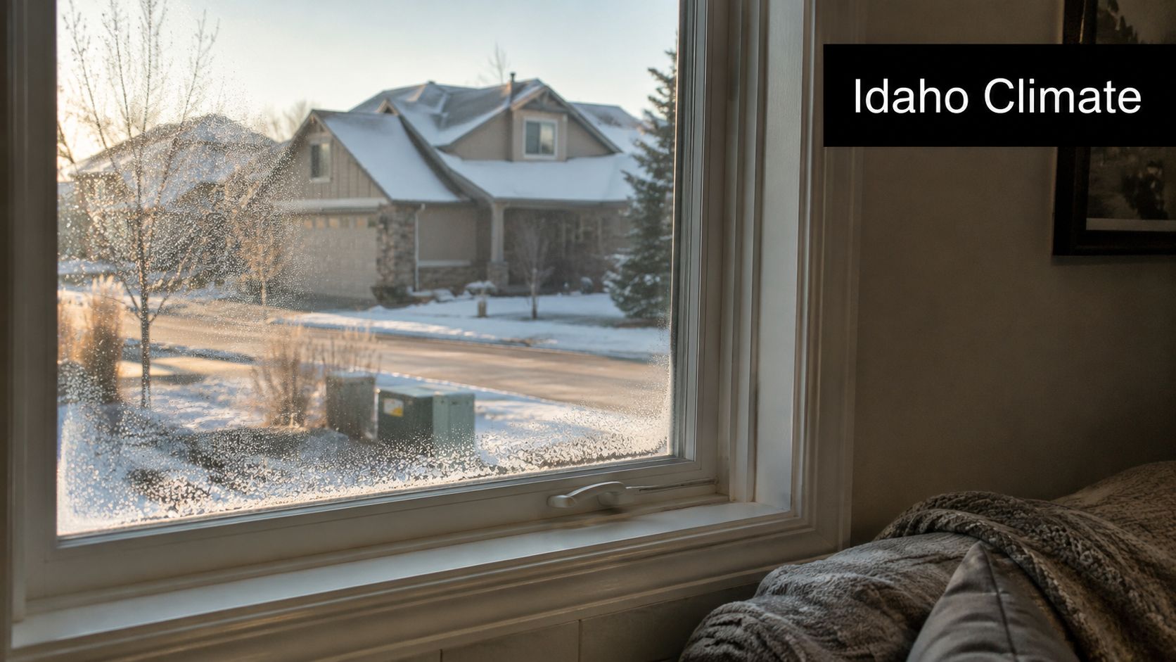 Condensation on a residential window frame looking out at a snowy Idaho suburban neighborhood in winter.