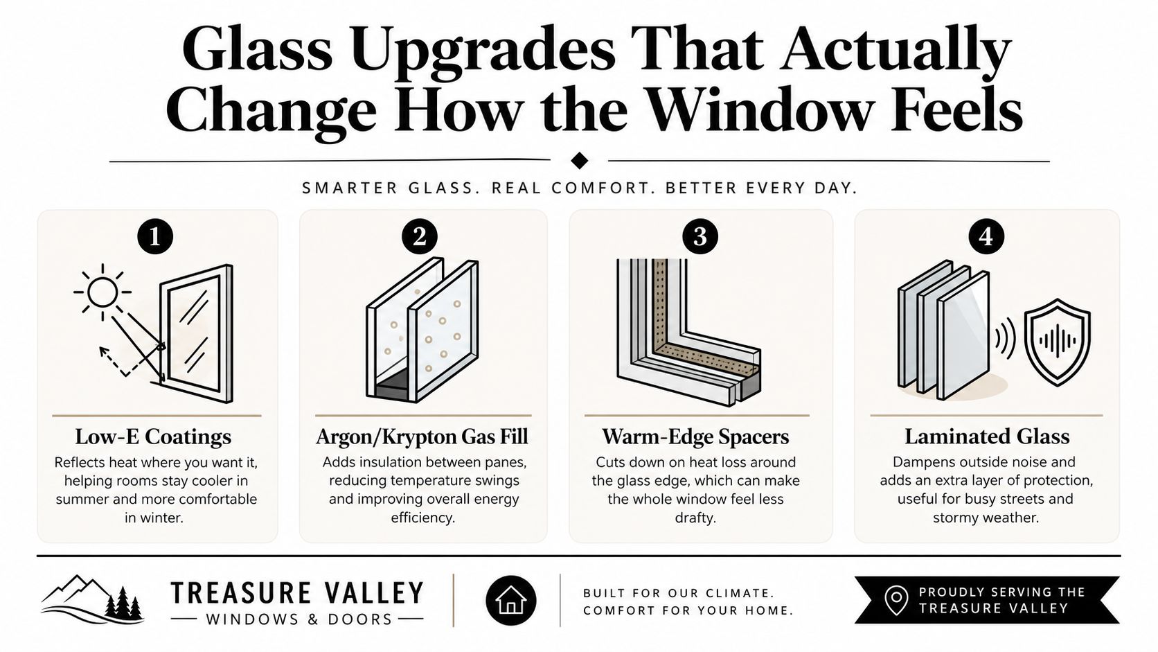 An infographic detailing four effective window glass upgrades for improved home energy efficiency and overall comfort.