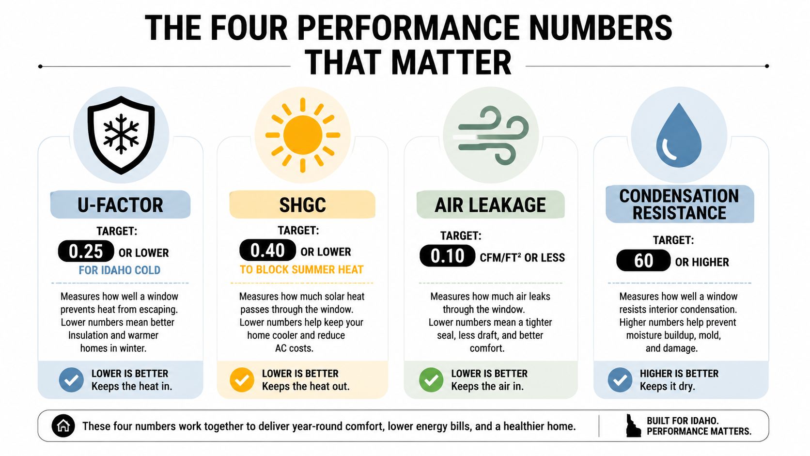 An infographic showing the four key performance ratings for windows to optimize comfort and energy efficiency in Idaho.