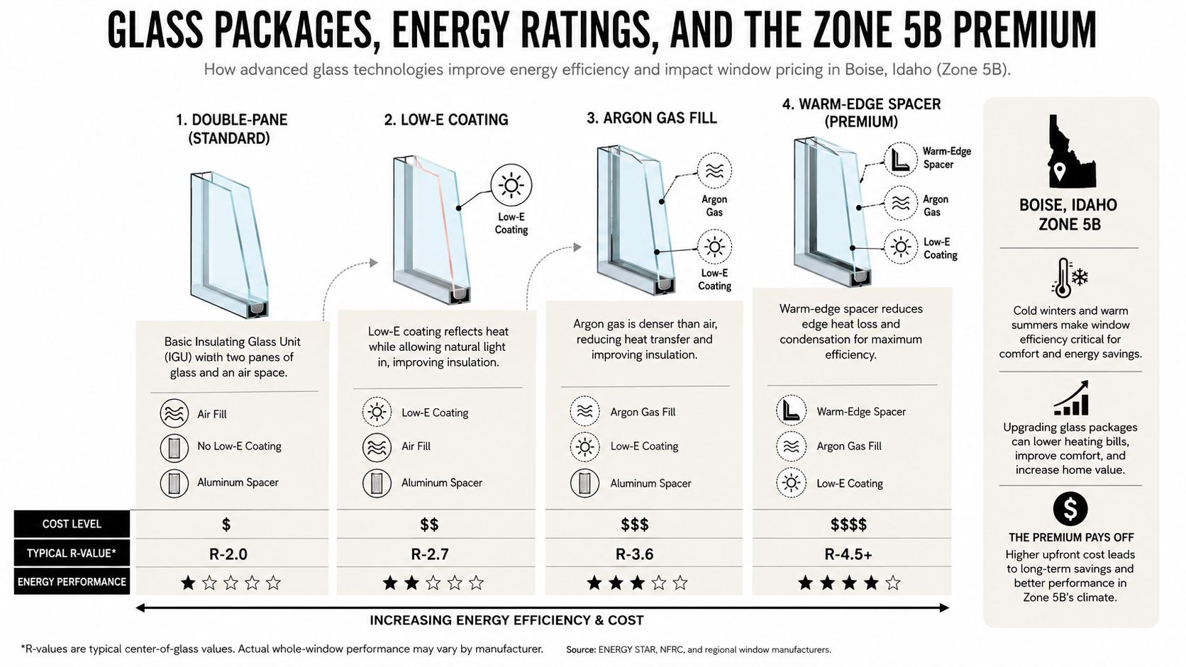 A chart illustrating four window glass packages and their impact on energy efficiency in Boise, Idaho.
