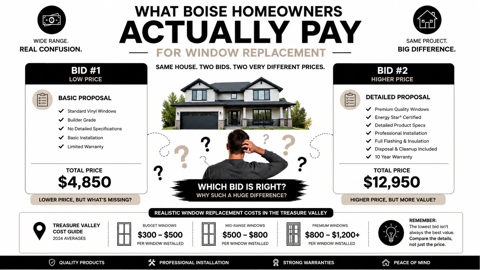 An infographic comparing low and high price bids for residential window replacement in Boise, Idaho.