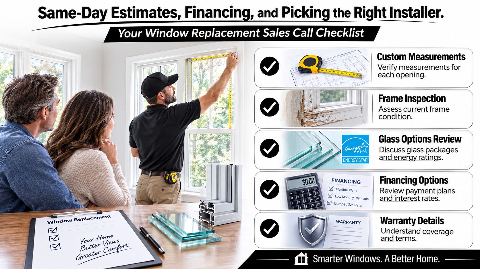 A professional window installer measuring home windows while explaining the replacement process to a couple during a consultation.