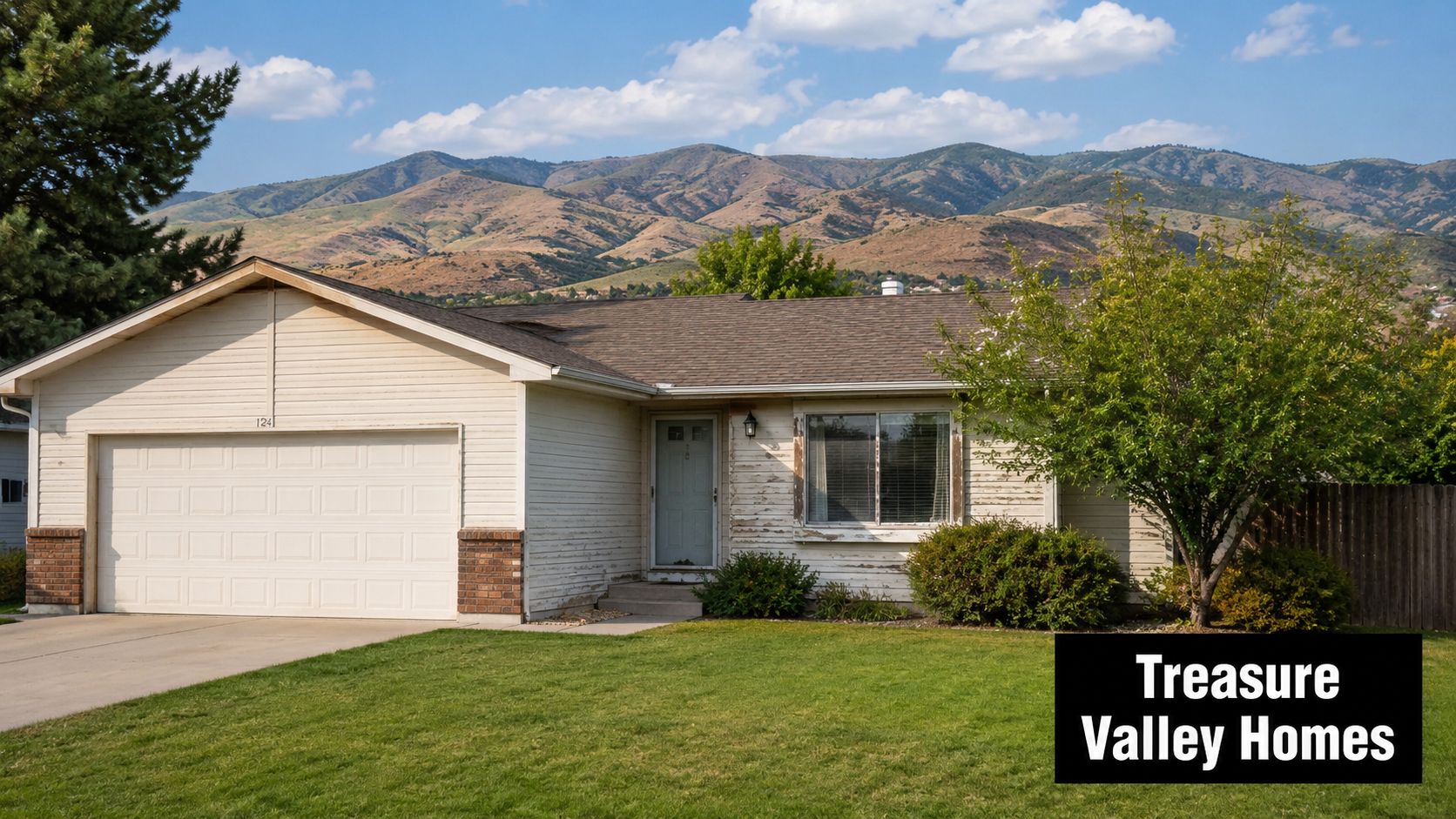 A single-story residential home with tan siding and a garage, set against a backdrop of mountains.