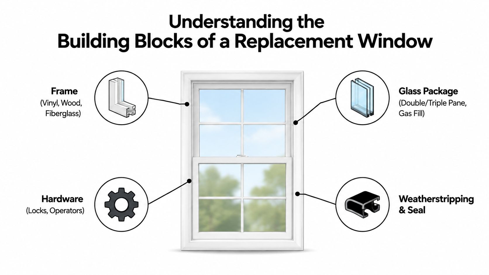 A diagram illustrating the essential components of a replacement window including the frame, glass package, hardware, and weatherstripping.