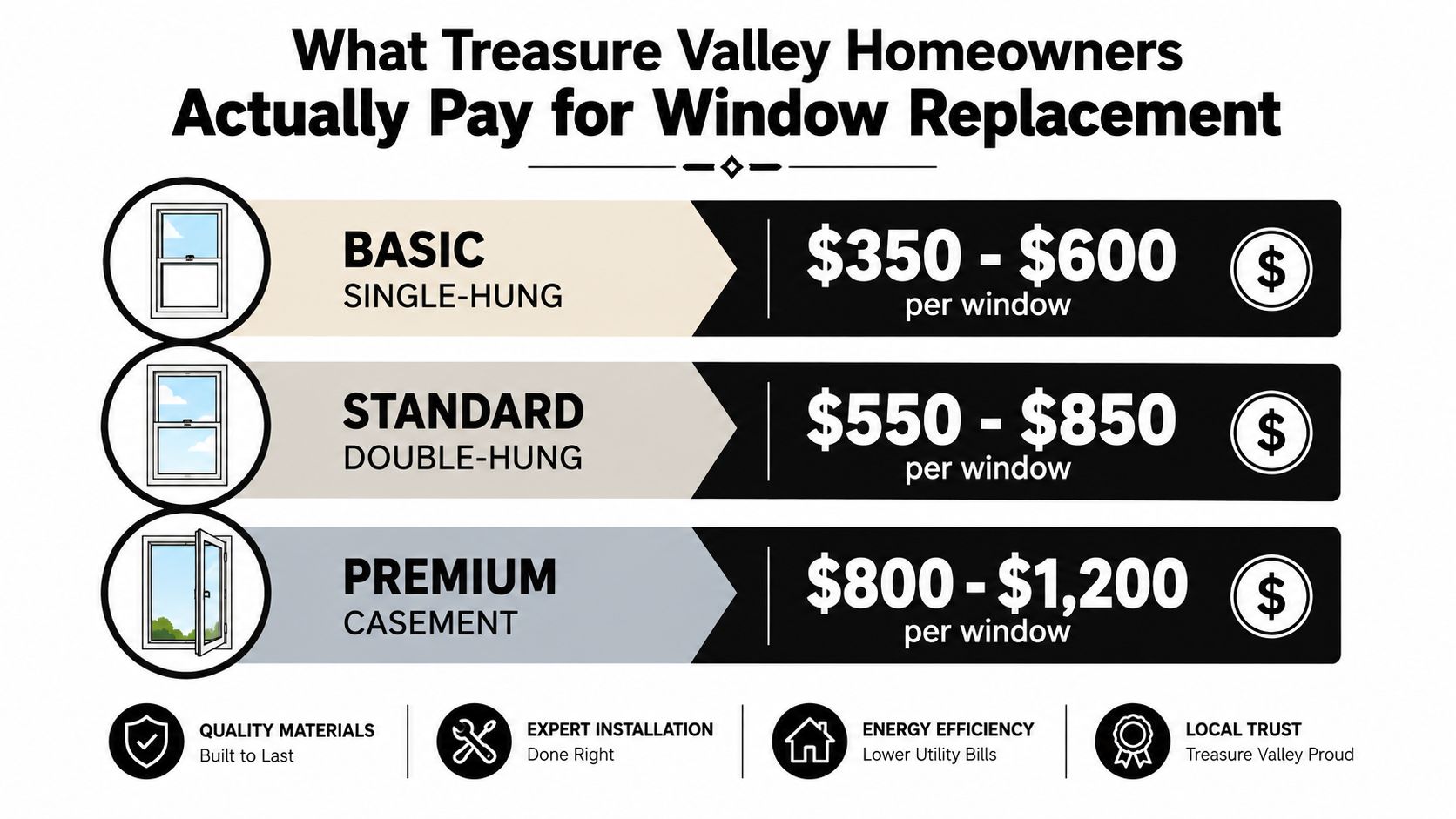 A graphic showing the estimated cost of window replacement in Treasure Valley by window type.