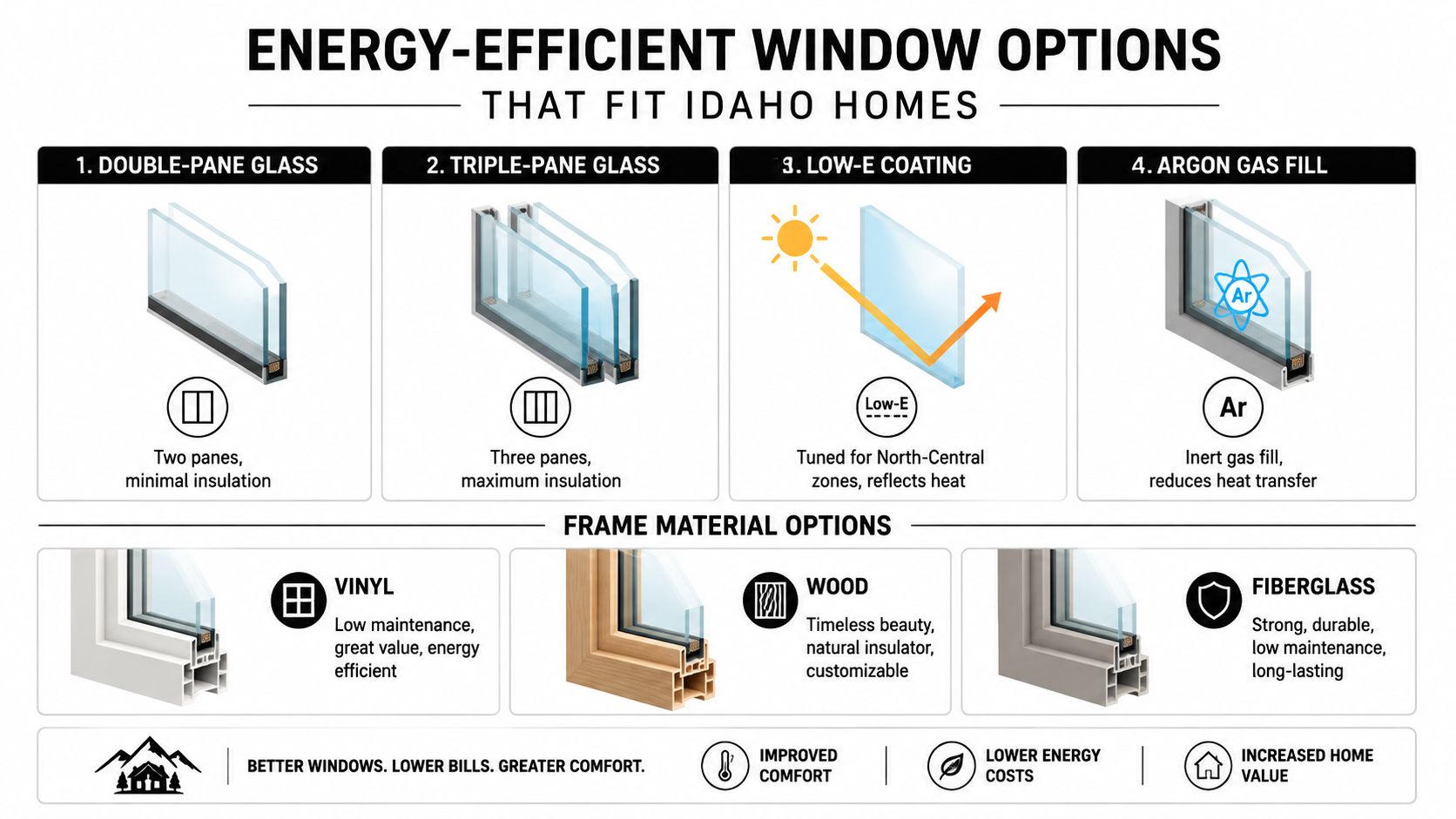 An infographic detailing energy-efficient window options for homes in Idaho, including glass types and frame materials.