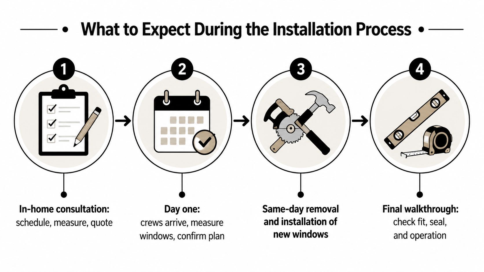 A four-step infographic illustrating the professional home window replacement and installation process from consultation to final inspection.
