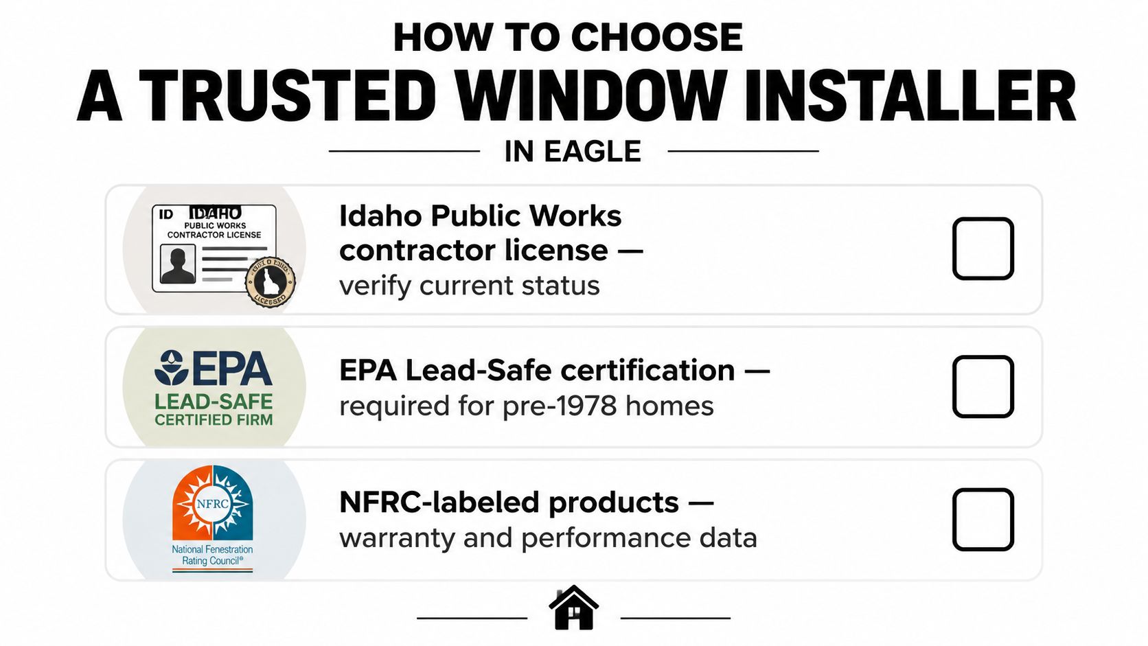 An infographic checklist for selecting a trusted residential window installer in Eagle, Idaho.