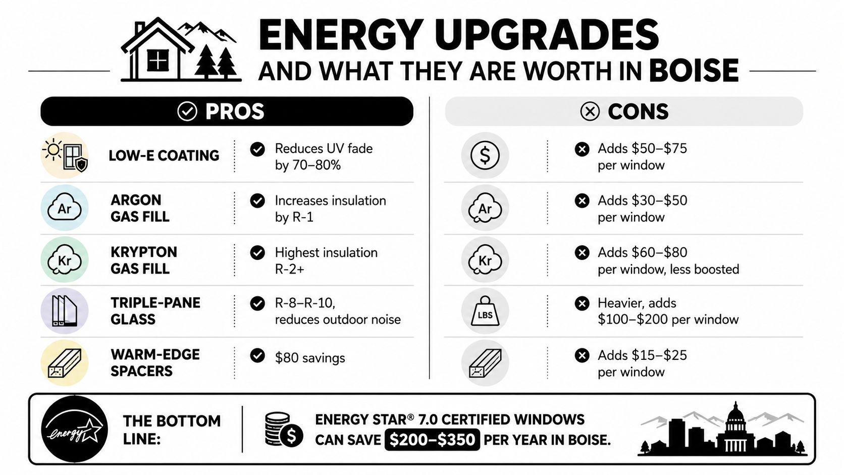 A comparison chart outlining the pros and cons of various energy-efficient window upgrades for Boise homes.