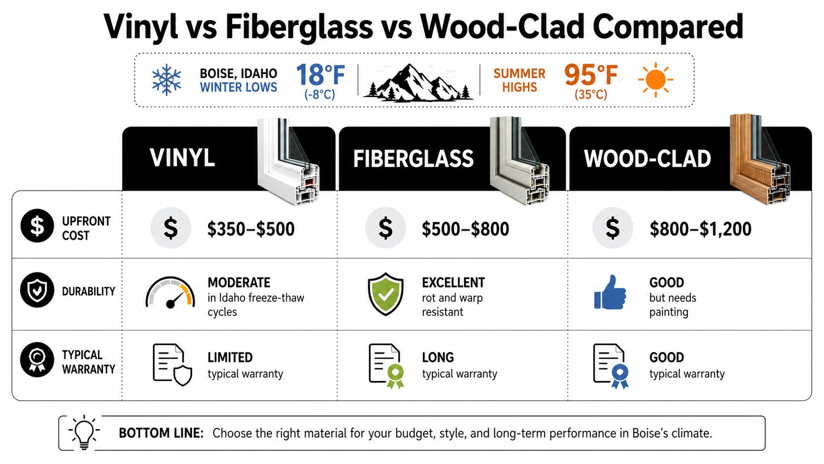 A comparison chart showing upfront costs, durability, and warranty for vinyl, fiberglass, and wood-clad window materials.