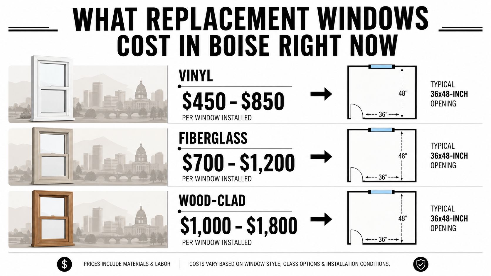A price comparison chart showing typical costs for vinyl, fiberglass, and wood-clad replacement windows in Boise.