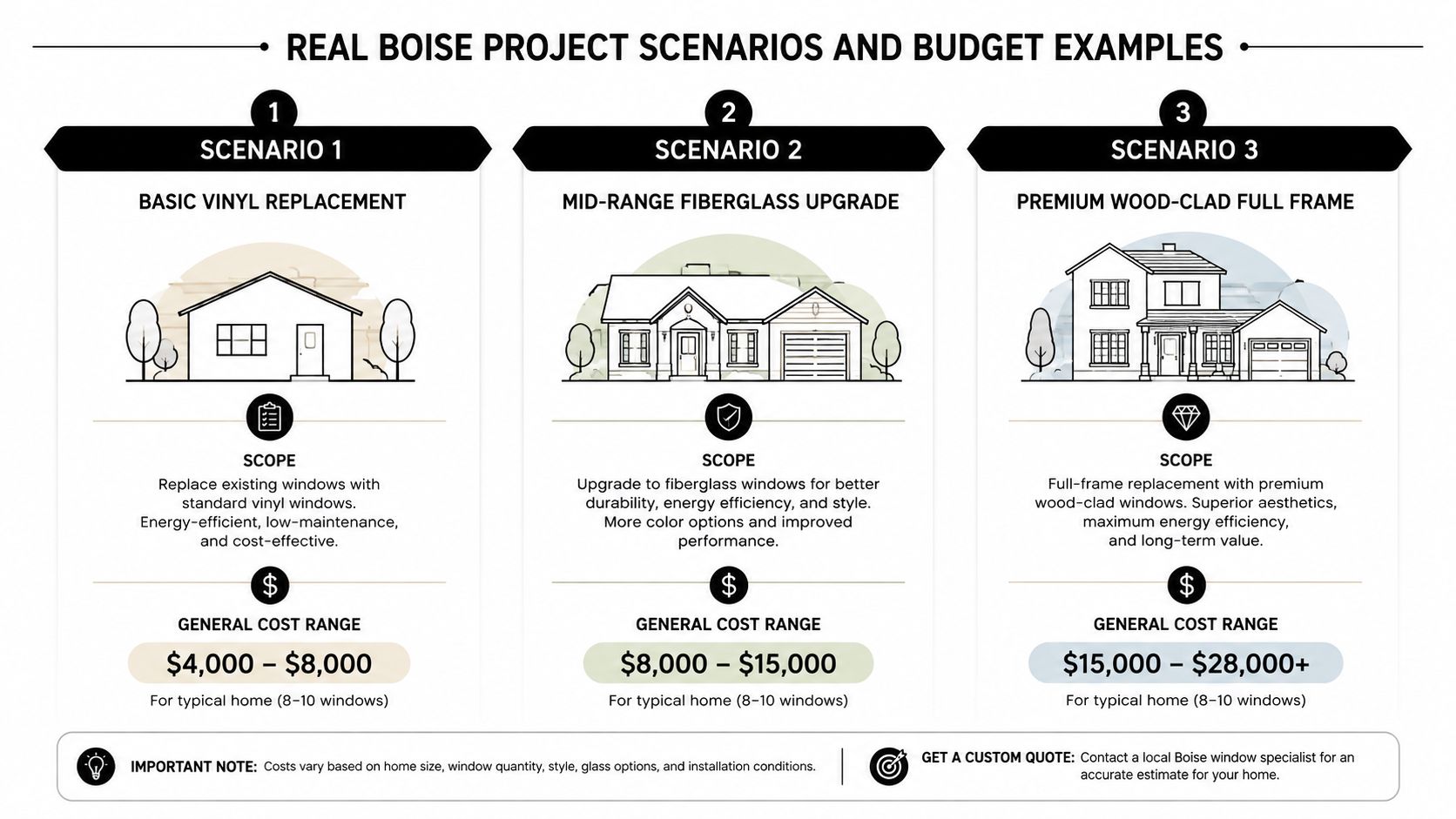 A graphic showing three window replacement project scenarios and their associated cost ranges in Boise.