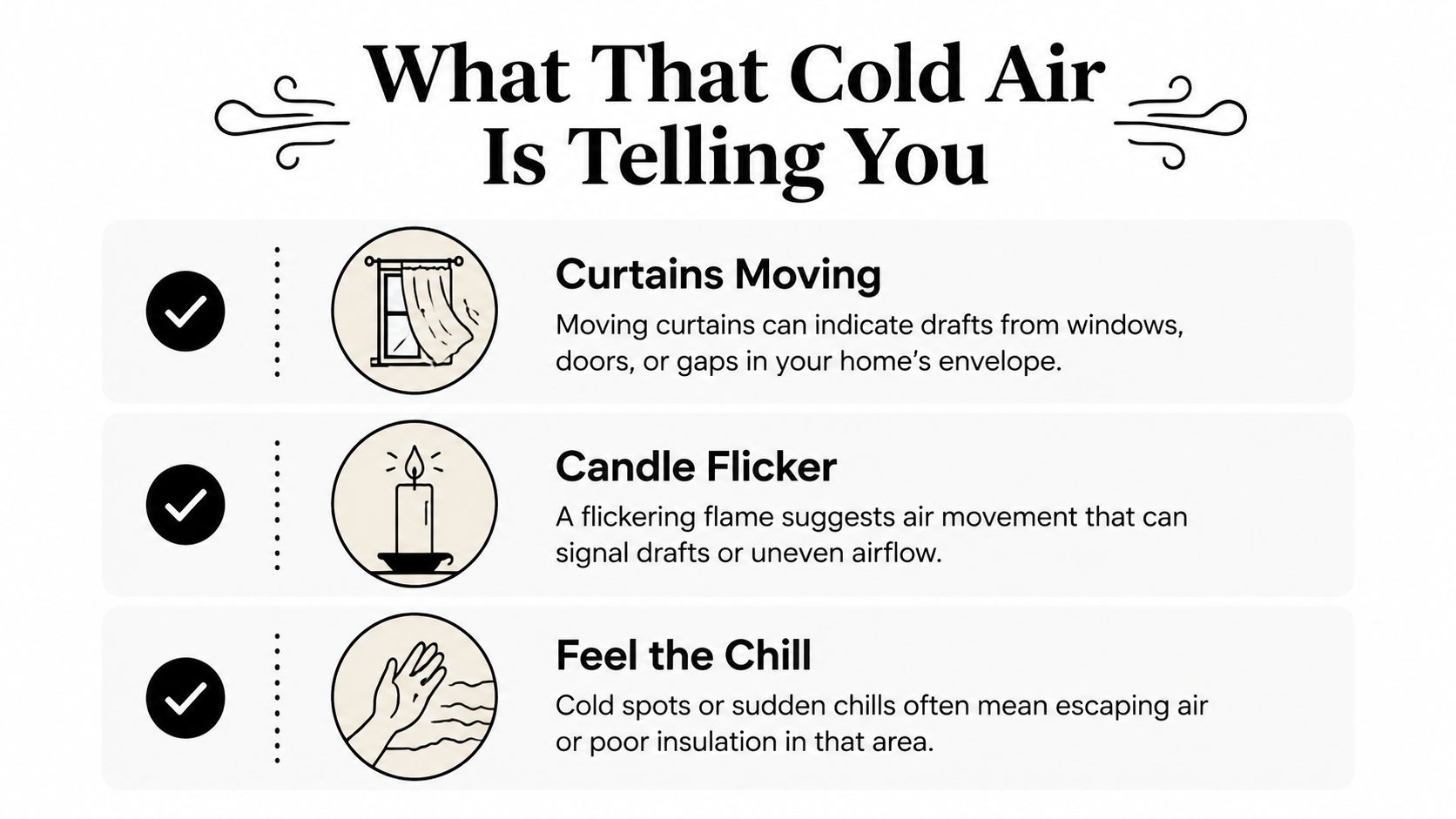An infographic titled What That Cold Air Is Telling You, listing three signs of home drafts.