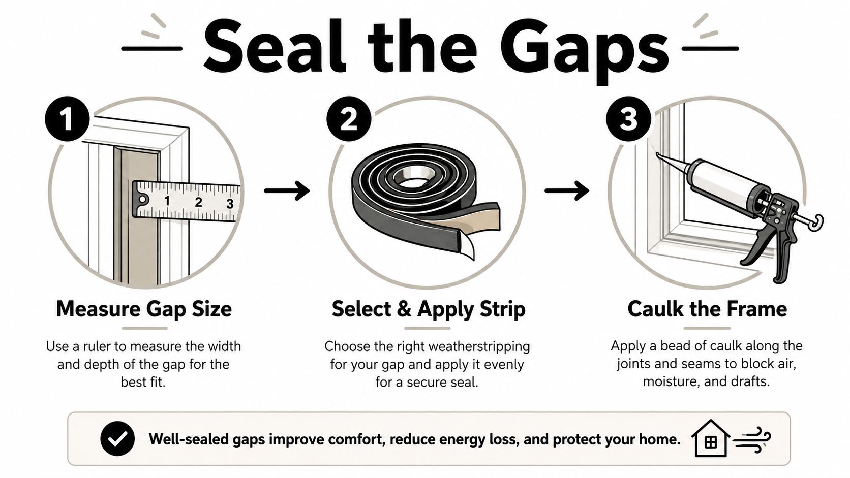 A three-step infographic showing how to stop drafts around windows by measuring gaps, applying weatherstripping, and caulking.