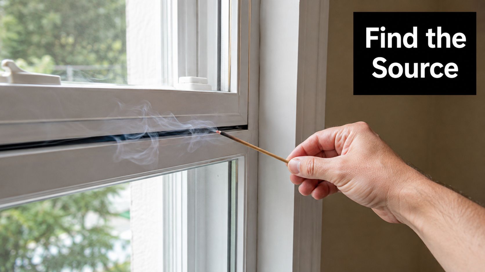 A person uses a smoking incense stick to test for air drafts around a house window frame.