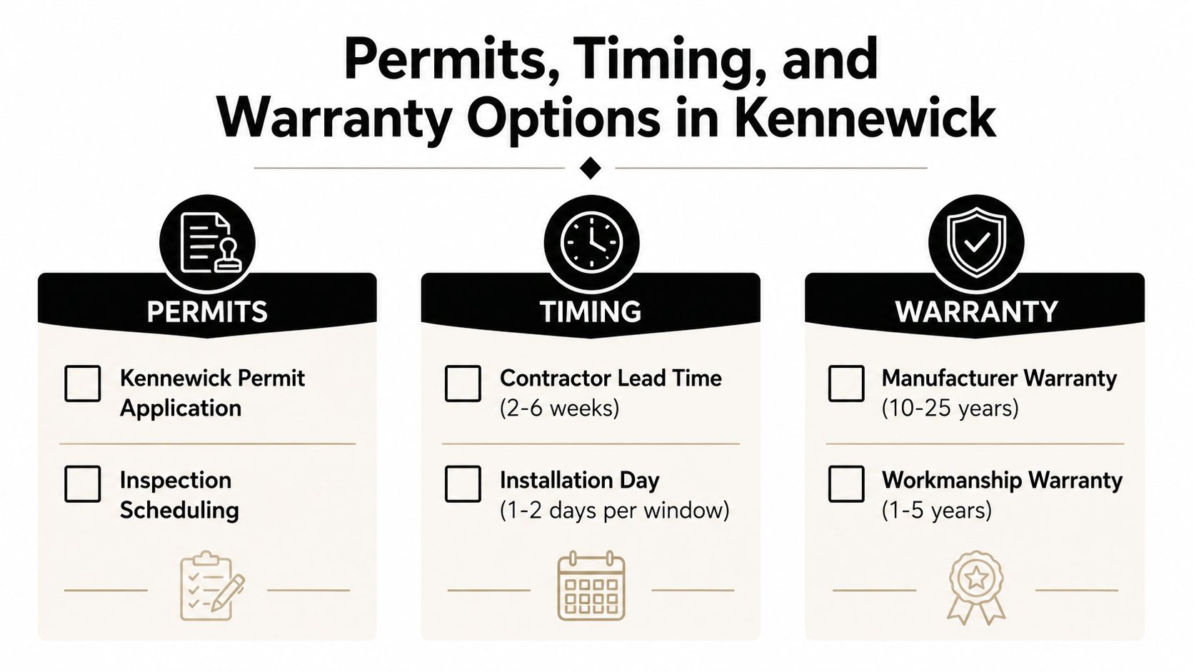 A graphic outlining the permits, timing, and warranty options for window replacement projects in Kennewick.
