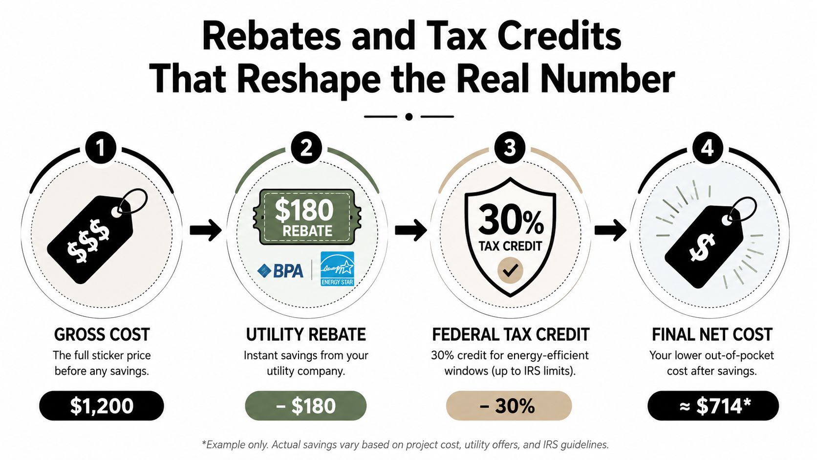 A diagram illustrating how rebates and federal tax credits reduce the total cost of window replacement projects.