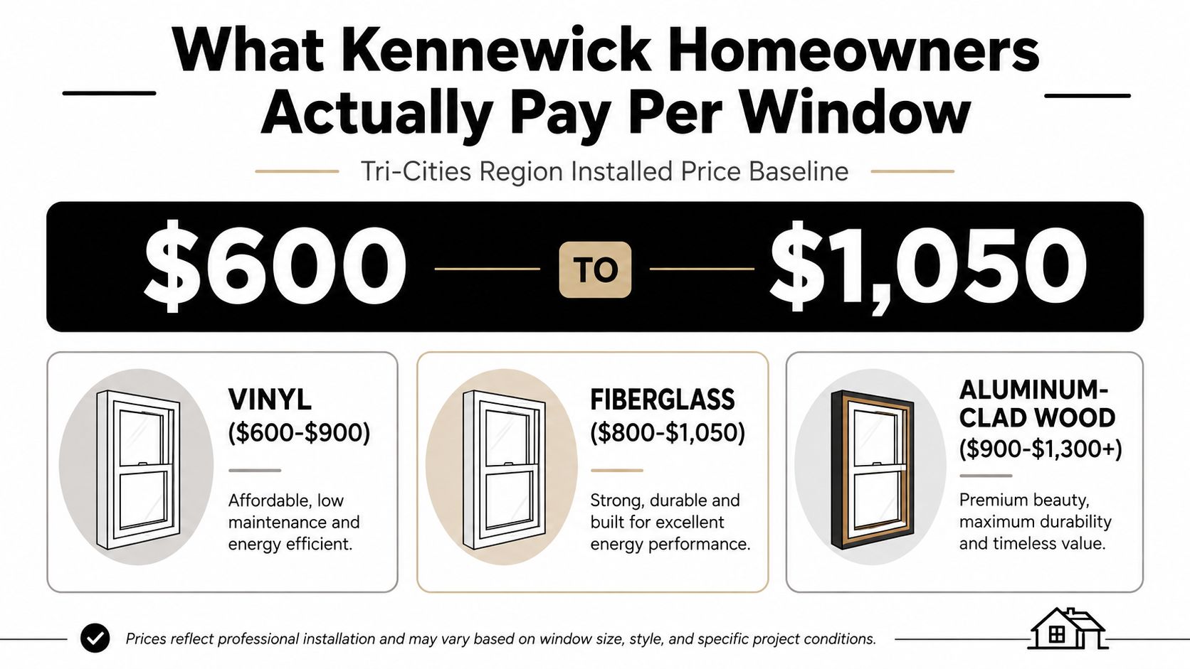 A chart showing Kennewick homeowners the installed cost range for vinyl, fiberglass, and aluminum-clad wood windows.