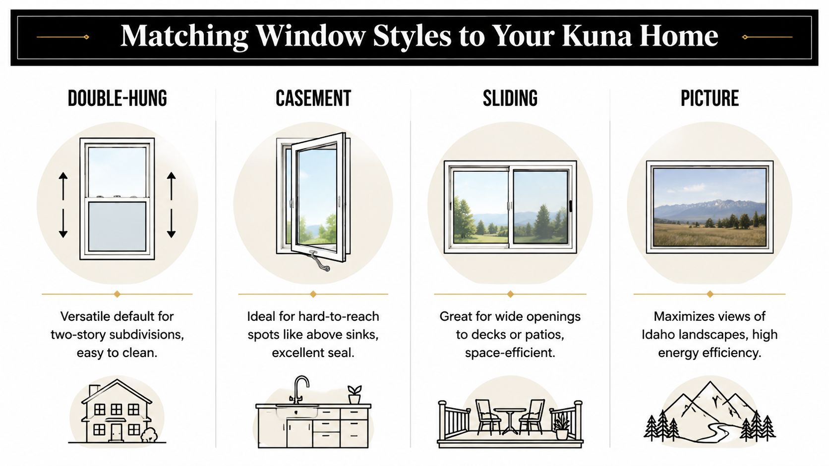 An infographic showing four common window styles: double-hung, casement, sliding, and picture windows for homes.