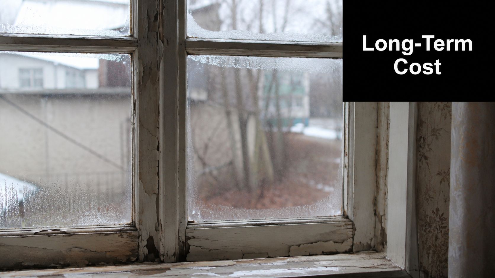 A close-up view of an old, deteriorating wooden window frame with peeling paint and condensation.