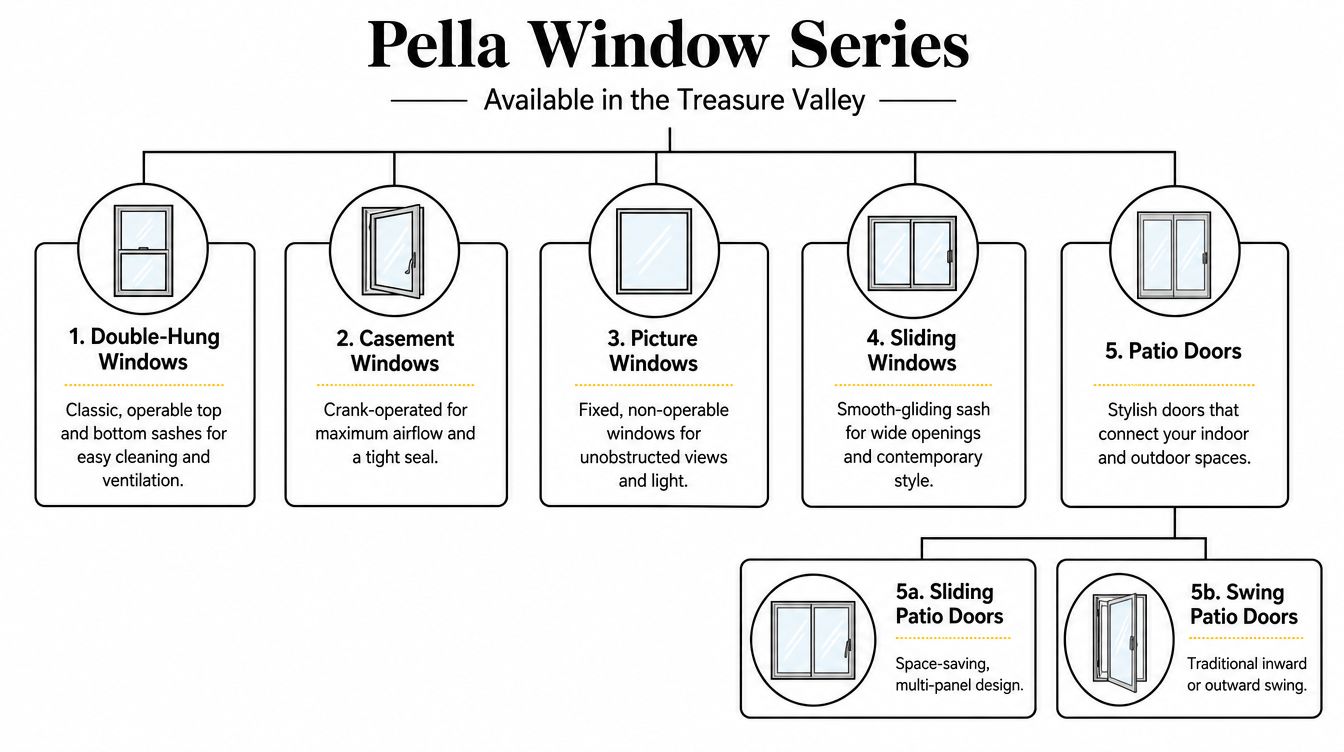 A chart showing various Pella window and patio door series options available in the Treasure Valley region.