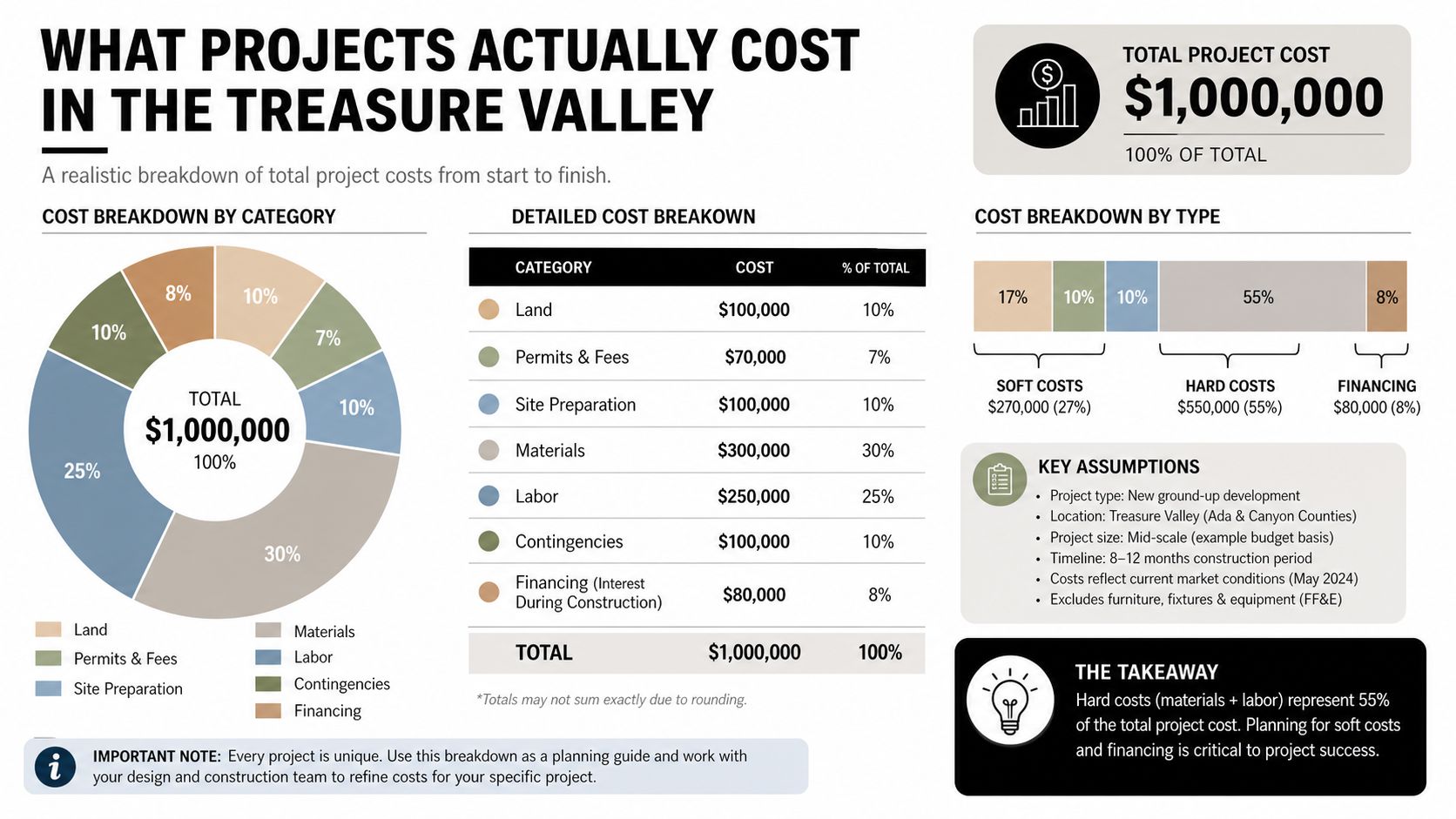 A detailed infographic showing a typical cost breakdown for a $1,000,000 ground-up construction project in Treasure Valley.