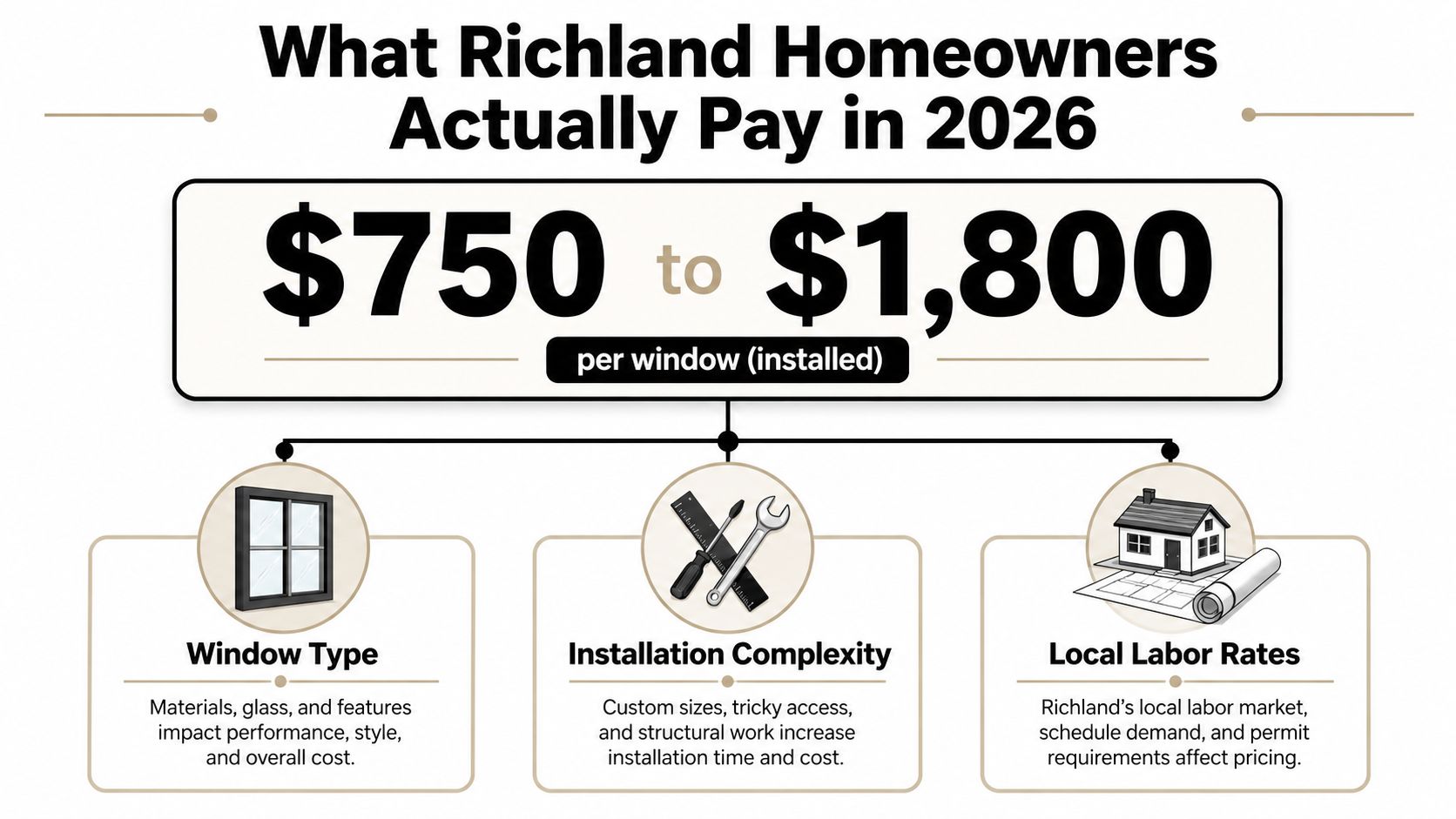 A cost estimate chart showing Richland window replacement prices ranging from $750 to $1,800 per installed window.