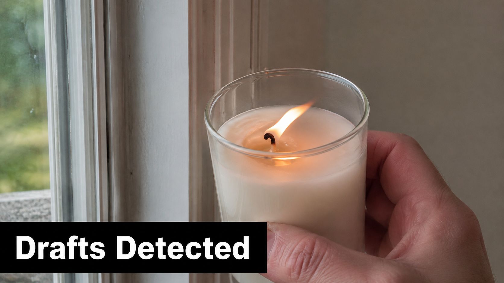 A hand holds a lit candle near a window showing the effect of a draft