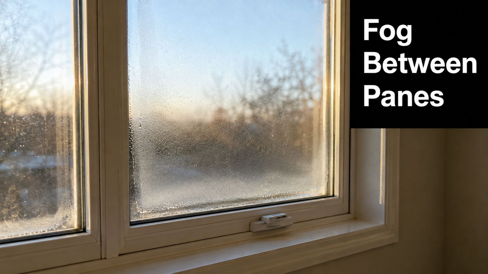 A close up view of a double pane residential window showing condensation trapped between the glass panes.