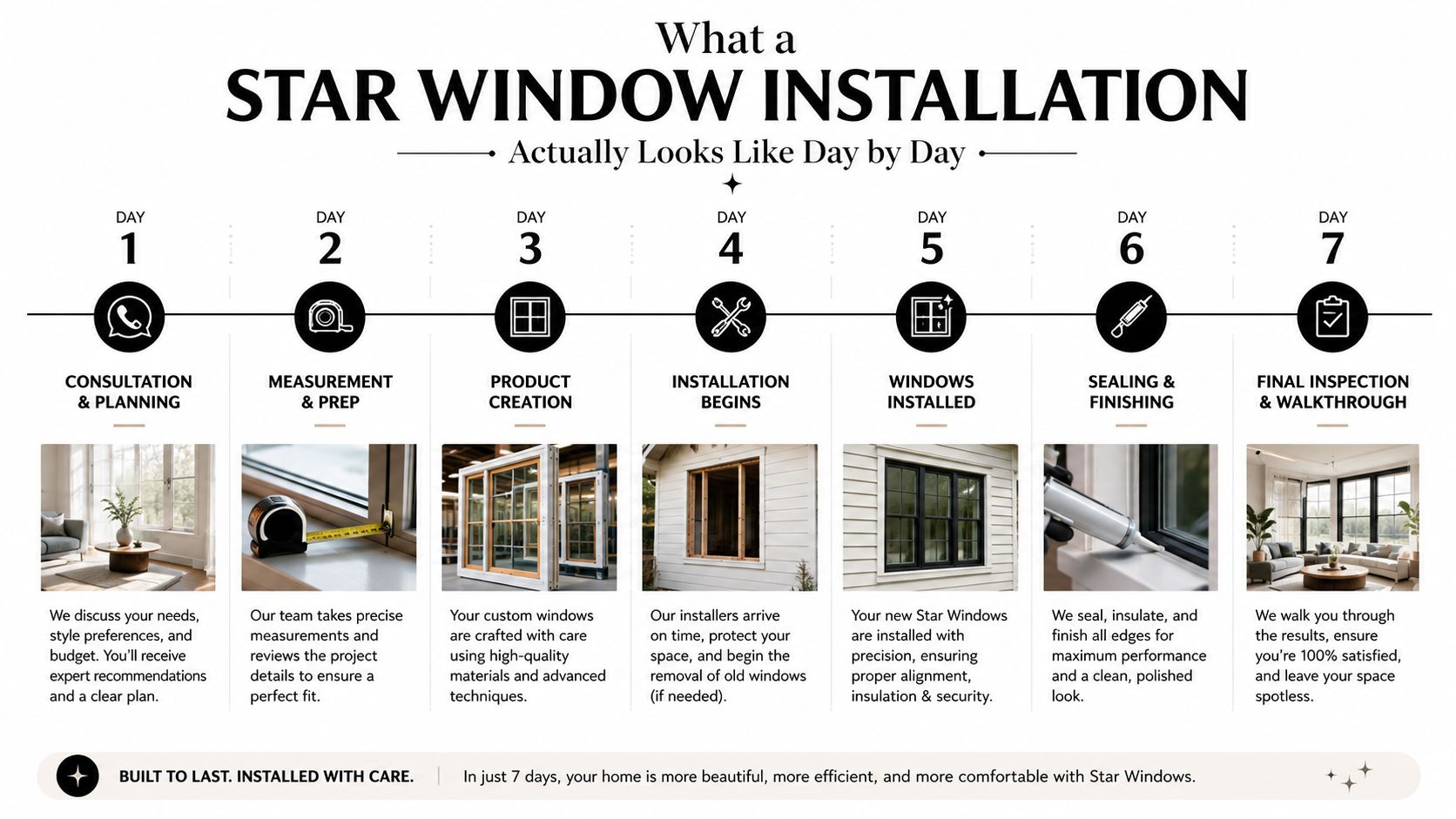 A 7-day timeline infographic showing the Star Window installation process from consultation to final walkthrough and inspection.