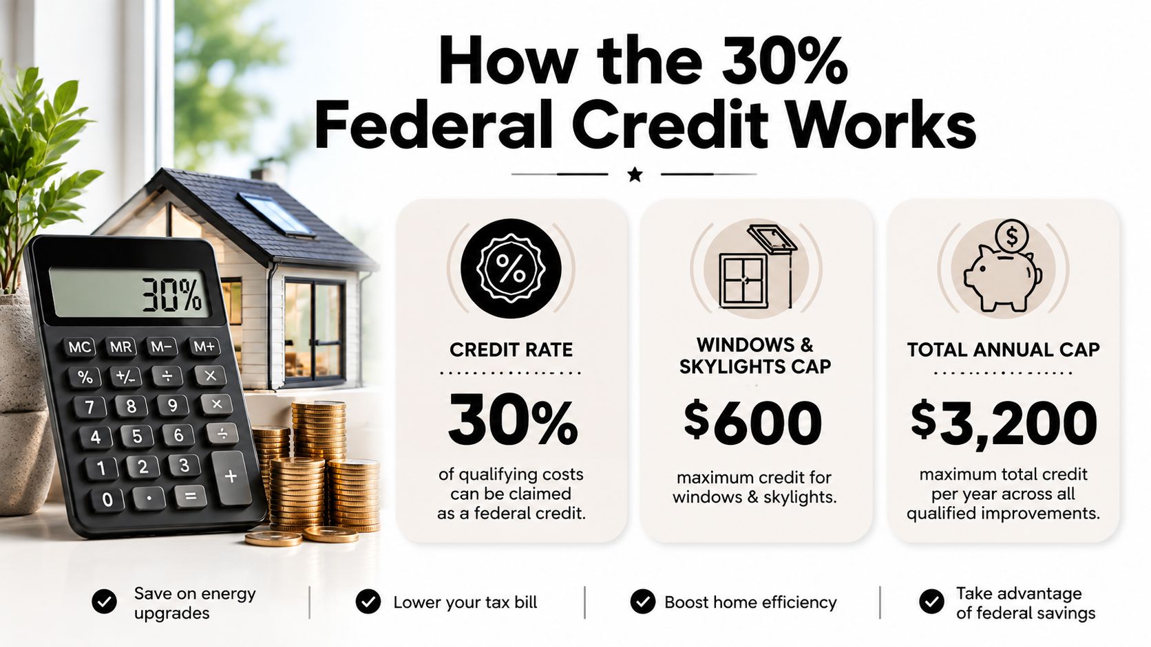 An infographic explaining the 30 percent federal energy tax credit for home improvements and energy efficient upgrades.