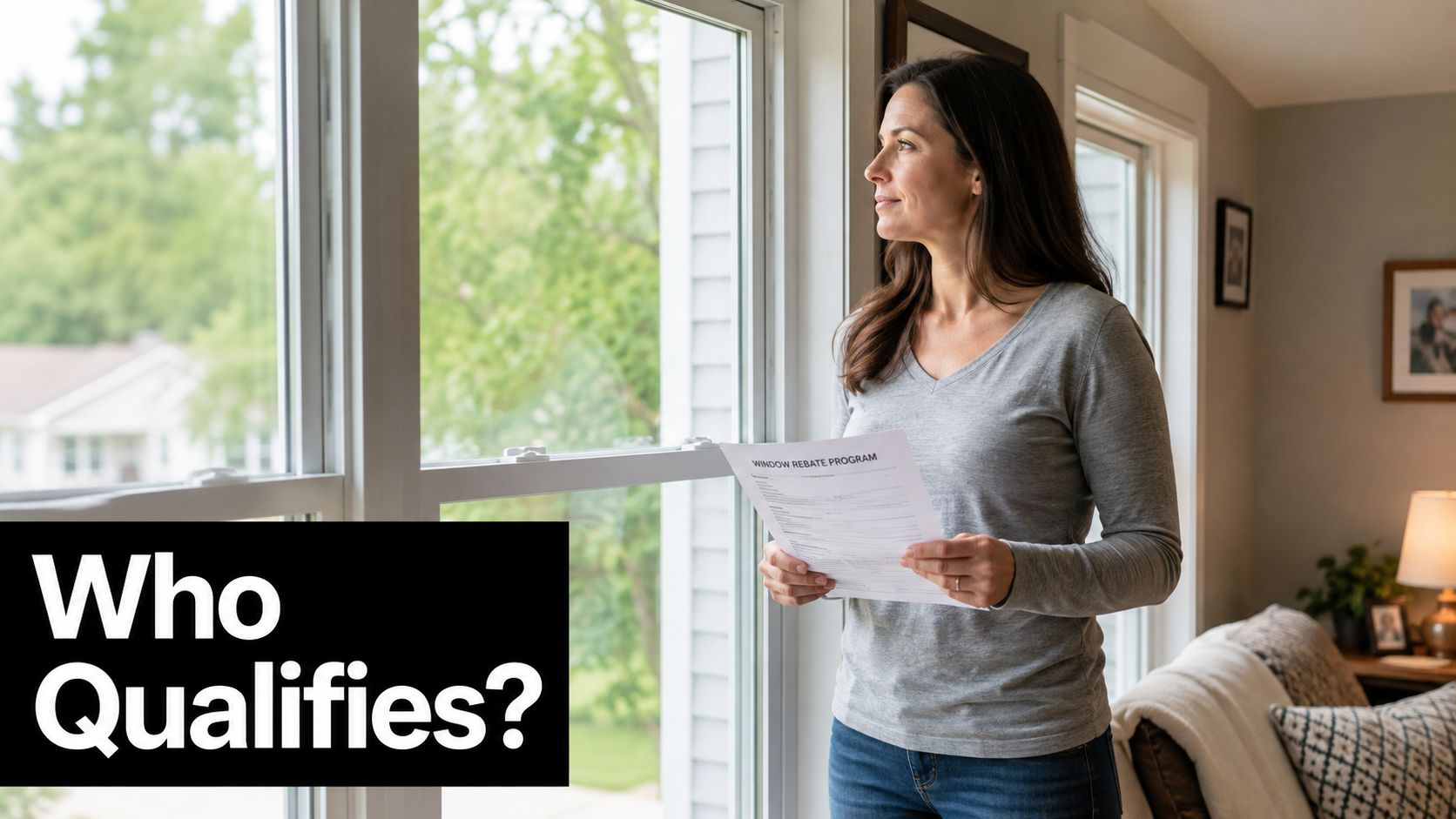 A woman stands by a window in her home, holding a document about a window rebate program.