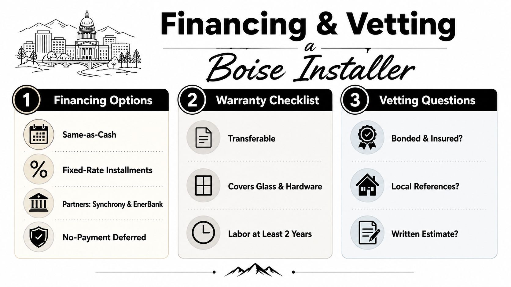 A guide for financing and vetting a professional window installer in Boise featuring three key steps.