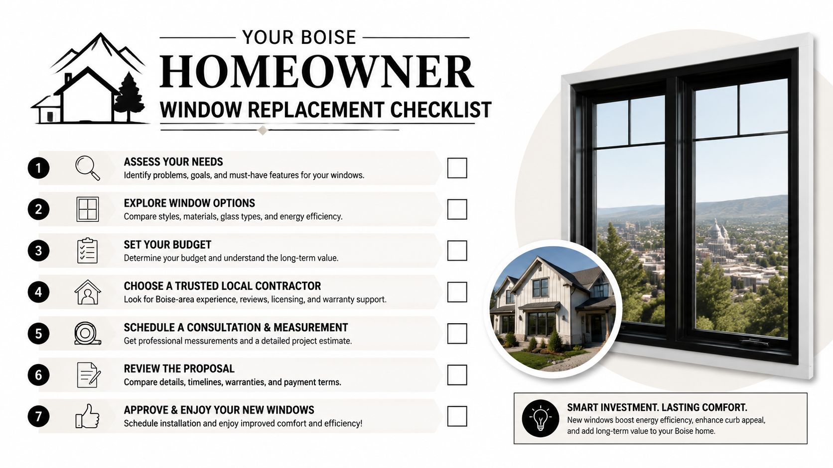 A step-by-step checklist for Boise homeowners planning to replace their windows, displayed in a professional infographic.